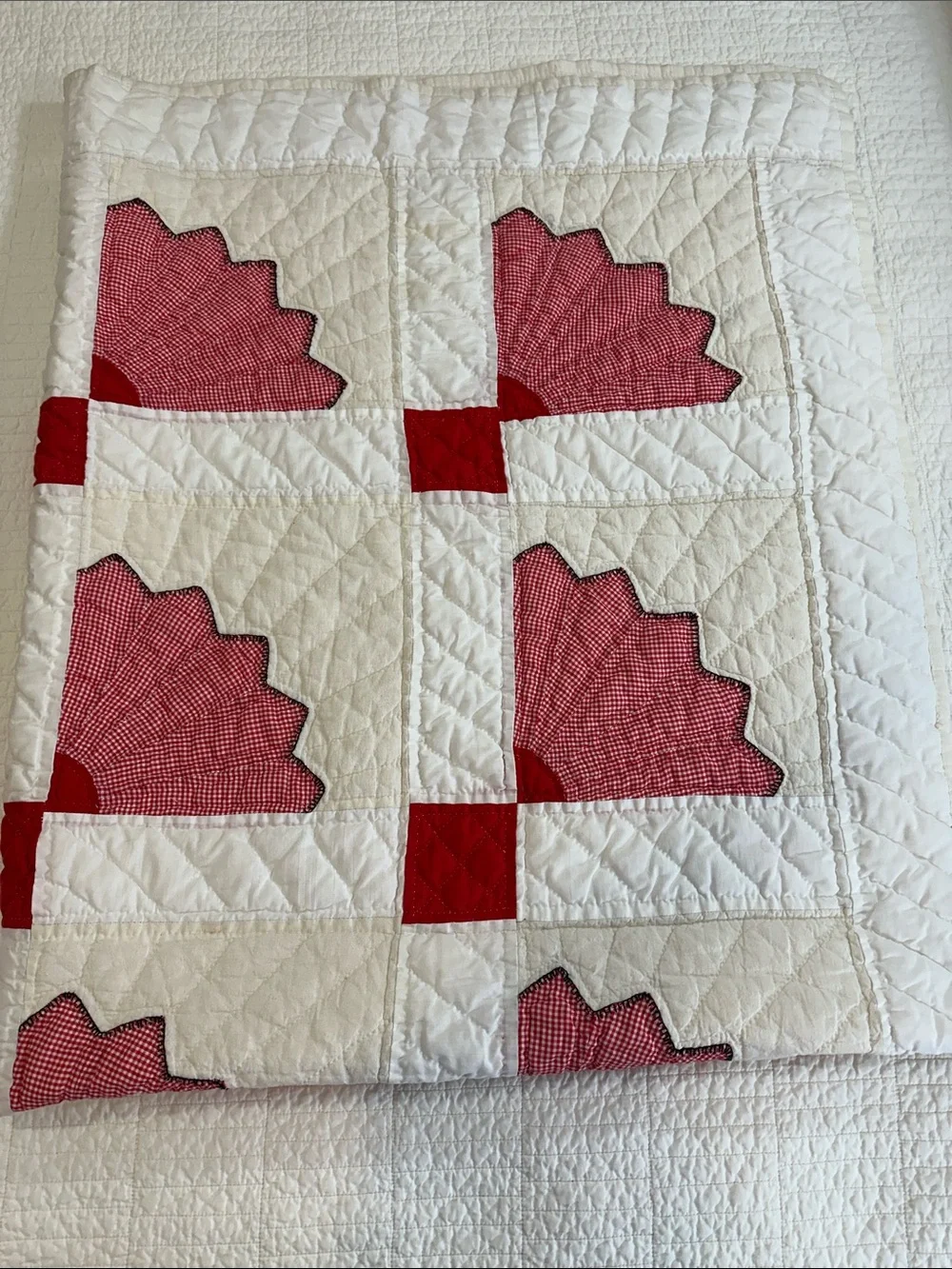 Quarter Fan Vintage Handmade Red White Gingham Patchwork Quilt - Picture 2 of 7